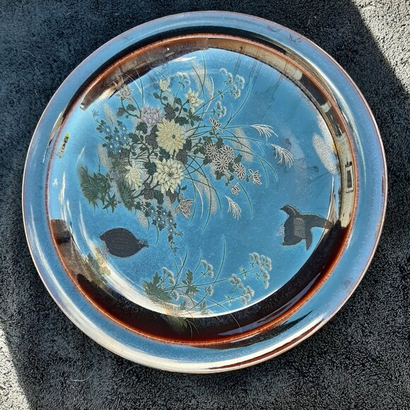 VTG  Serving Platter Grouse Birds Flowers Iridescent Pattern Japan Round 12" D - Picture 2 of 14
